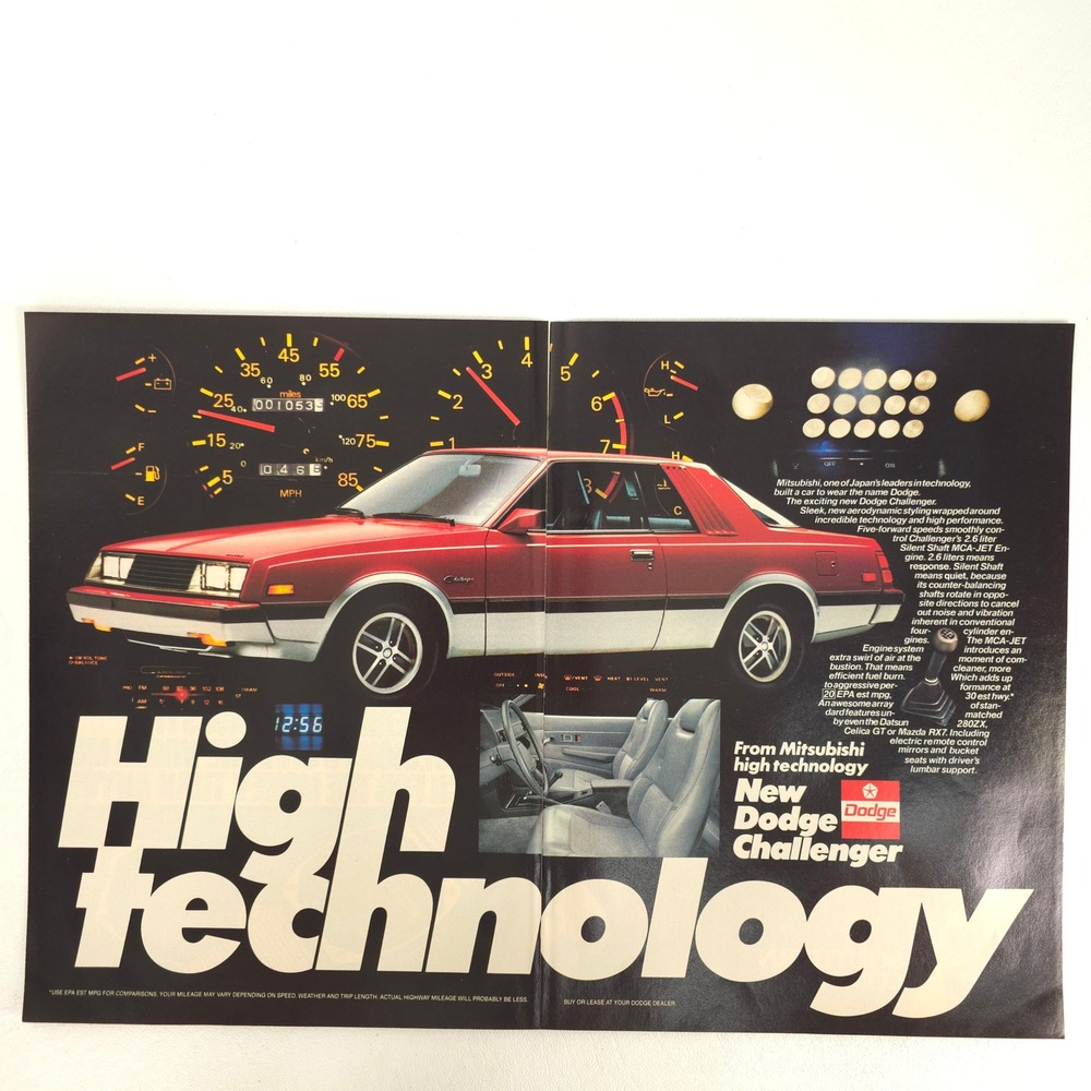 1981 Dodge Challenger Print Ad Mitsubishi High Technology Vintage Car Wall Decor